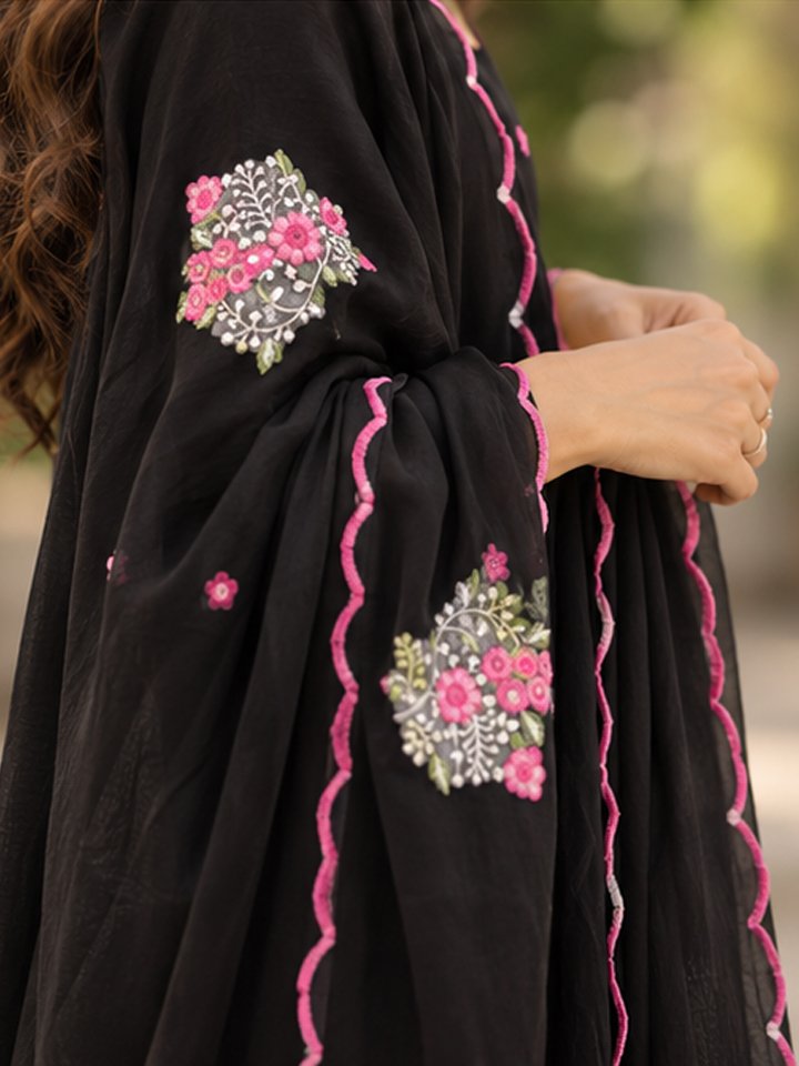 Jet Black Floral Embroidered Kurta Fabric with Designer Dupatta - Image 4