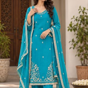 Teal Blue Embroidered Silk-Blend Kurta Fabric with Dupatta
