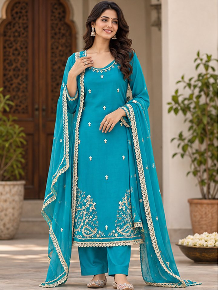Teal Blue Embroidered Silk-Blend Kurta Fabric with Dupatta