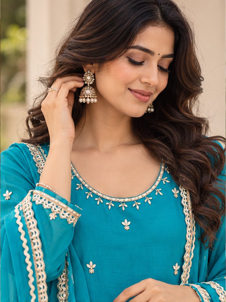 Teal Blue Embroidered Silk-Blend Kurta Fabric with Dupatta - Image 2