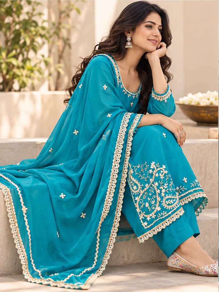 Teal Blue Embroidered Silk-Blend Kurta Fabric with Dupatta - Image 3
