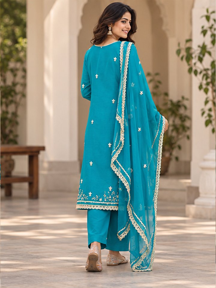 Teal Blue Embroidered Silk-Blend Kurta Fabric with Dupatta - Image 4