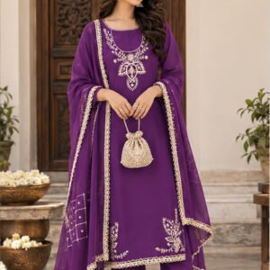 Royal Purple Embroidered Silk-Blend Kurta Fabric with Dupatta