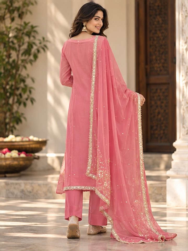Rose Pink Mirror & Zari Embroidered Silk Kurta Set with Dupatta - Image 2