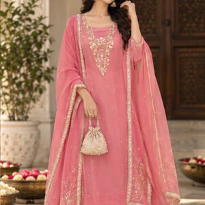 Rose Pink Mirror & Zari Embroidered Silk Kurta Set with Dupatta