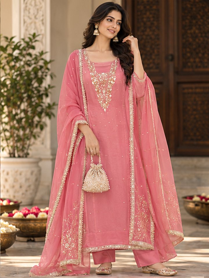 Rose Pink Mirror & Zari Embroidered Silk Kurta Set with Dupatta