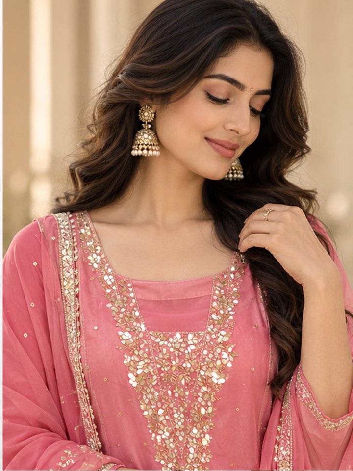Rose Pink Mirror & Zari Embroidered Silk Kurta Set with Dupatta - Image 3
