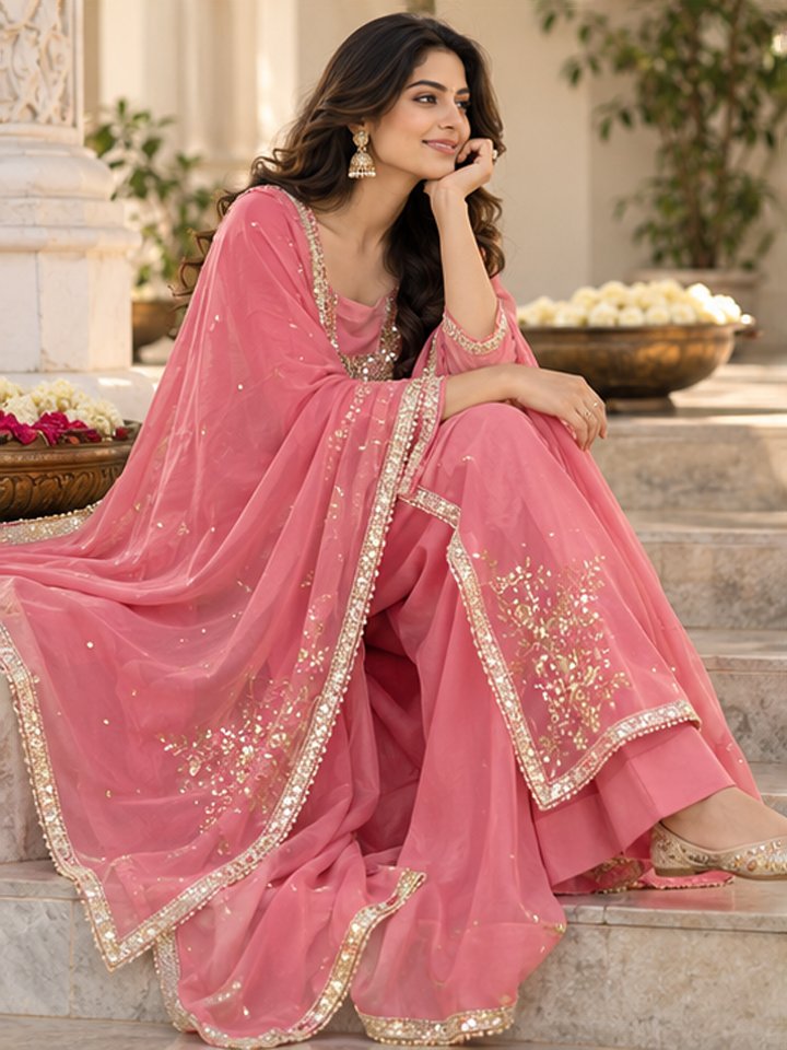 Rose Pink Mirror & Zari Embroidered Silk Kurta Set with Dupatta - Image 4