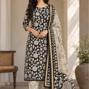 Monochrome Floral Hand-Block / Kalamkari Inspired Cotton Kurta Set with Dupatta